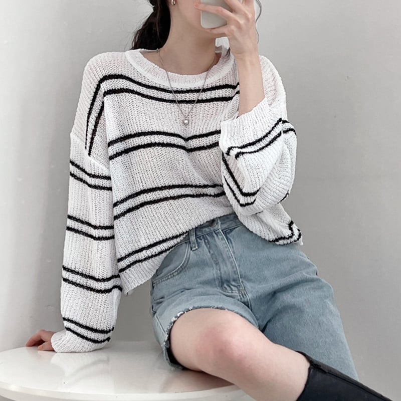 Korejski šik prozračni prugasti pleteni crop top s dugim rukavima, slobodan kroj, UPF30+ zaštita od sunca