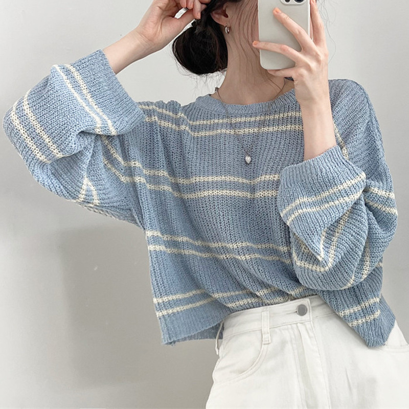 Korejski šik prozračni prugasti pleteni crop top s dugim rukavima, slobodan kroj, UPF30+ zaštita od sunca