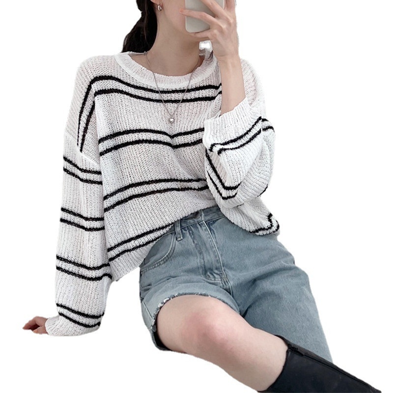 Korejski šik prozračni prugasti pleteni crop top s dugim rukavima, slobodan kroj, UPF30+ zaštita od sunca