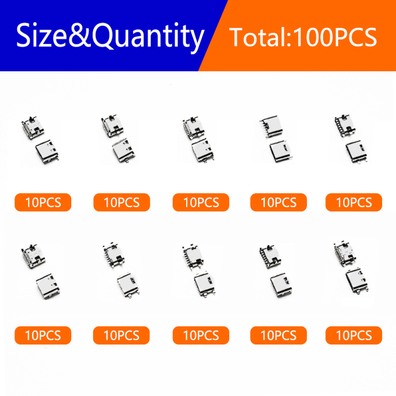 100 ks Type-C USB ženský SMT konektor, priama montáž, USB 3.1, 6P/16P, 4-pin