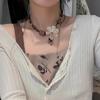 Drveni tkaninski ogrlic s cvjetnim motivom, za žene, etno-boemski stil, choker