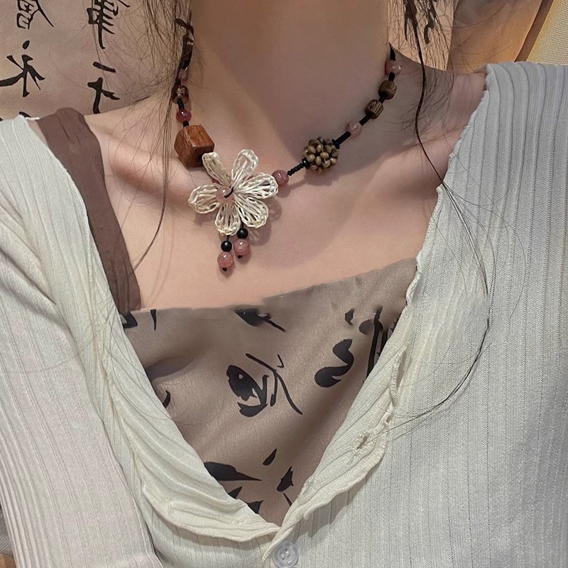 Drveni tkaninski ogrlic s cvjetnim motivom, za žene, etno-boemski stil, choker