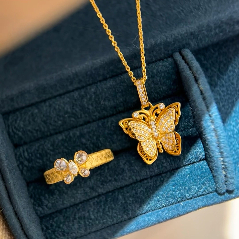 24K pozlaćeni filigranski leptir ogrlica s rhinestones, dvostruka slojevita lanac za ključnu kost za žene