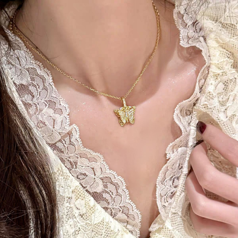 24K pozlaćeni filigranski leptir ogrlica s rhinestones, dvostruka slojevita lanac za ključnu kost za žene