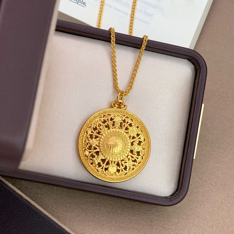 24K pozlaćeni privjesak s kompasom, dizajn osam blaga, šuplji simbol sreće, novi kineski stil, unisex
