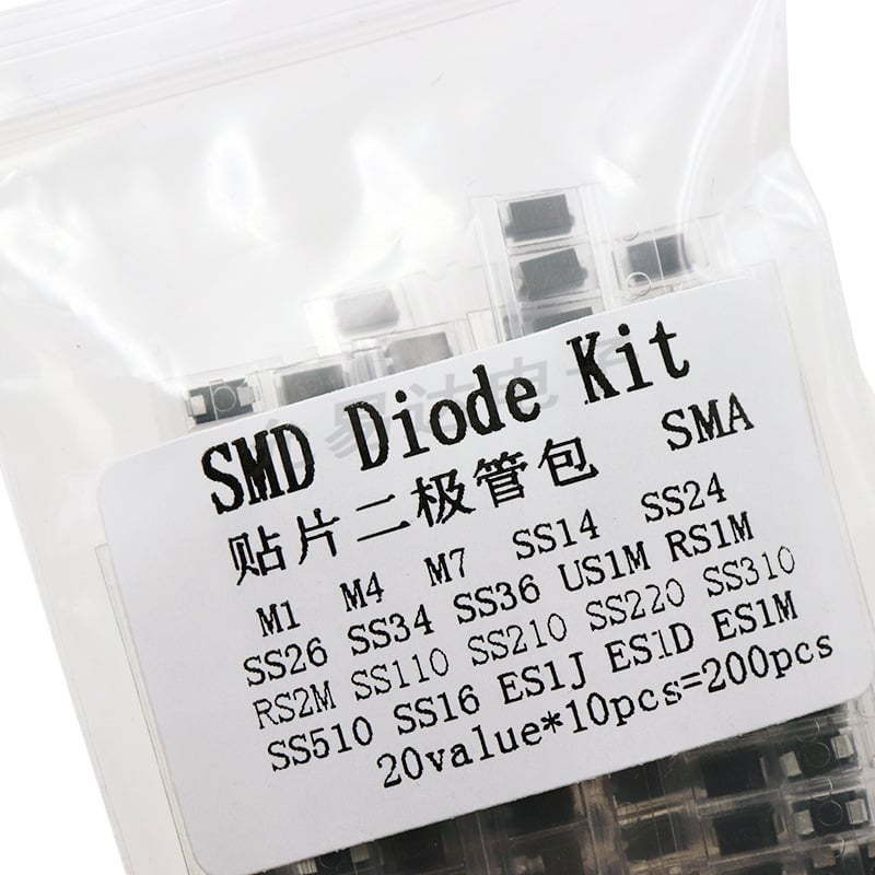 SMD diody Schottky a usmerňovacie diody v SMA balení: M1, M4, M7, SS34, SS14, 20 typov, po 10 ks.