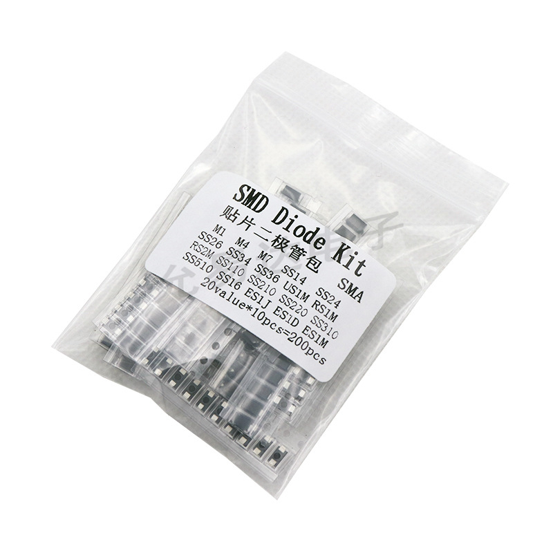 SMD diody Schottky a usmerňovacie diody v SMA balení: M1, M4, M7, SS34, SS14, 20 typov, po 10 ks.