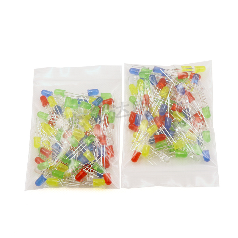 100 kusov LED guličiek 5 mm, 5 farieb v zmiešanom balení (červená, zelená, žltá, modrá, biela)