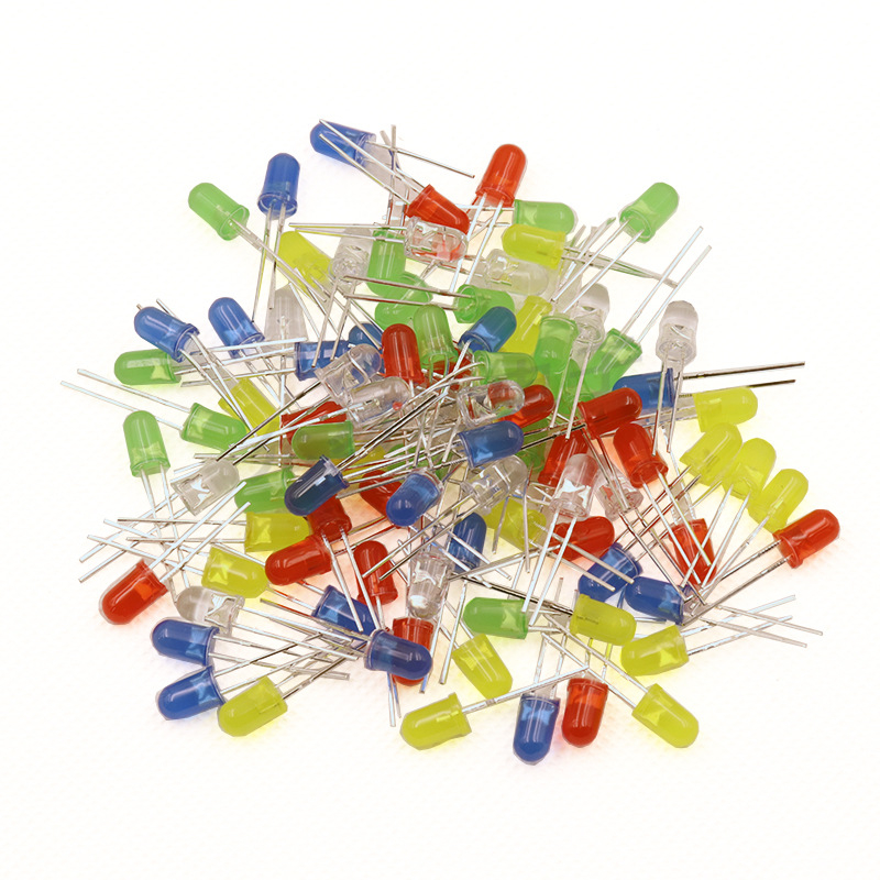 100 kusov LED guličiek 5 mm, 5 farieb v zmiešanom balení (červená, zelená, žltá, modrá, biela)