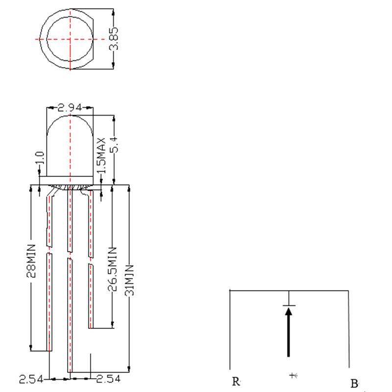 F3 crveno-zelena dvobojna LED s zajedničkim anodom, F5 crveno-plava dvobojna LED s zajedničkim katodom, 3 mm dvobojna LED zrno