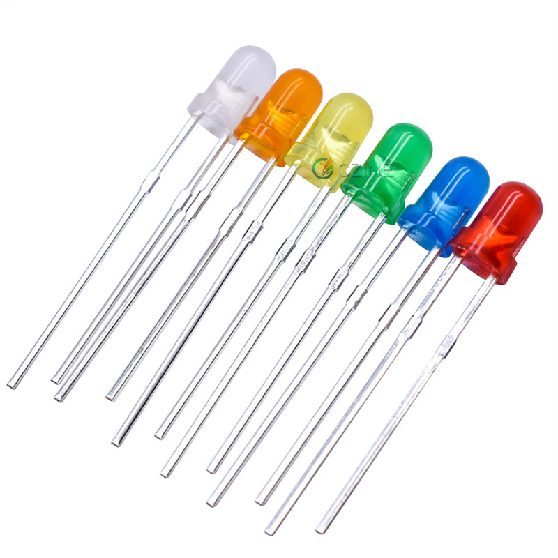 3 mm-es jelzőLED-ek piros, zöld, sárga, kék és narancs színben, áthidaló (through-hole) LED szemek
