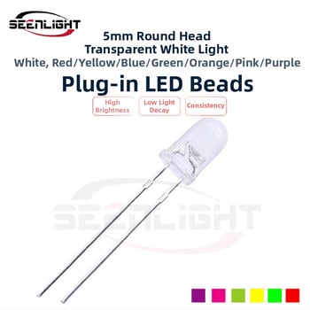 5 mm LED korálky F5, biele svetlo; farby: biela, červená, žltá, modrá, zelená, oranžová, ružová, fialová; cez dieru montované LED