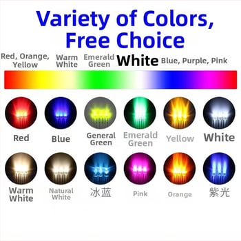 5 mm LED korálky F5, biele svetlo; farby: biela, červená, žltá, modrá, zelená, oranžová, ružová, fialová; cez dieru montované LED