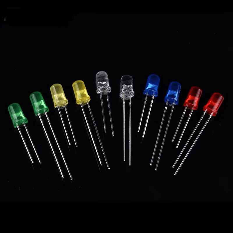 5 mm-es LED gyöngyök hosszú és rövid lábakkal, nagy fényerő; színek: piros, zöld, kék, sárga, narancs