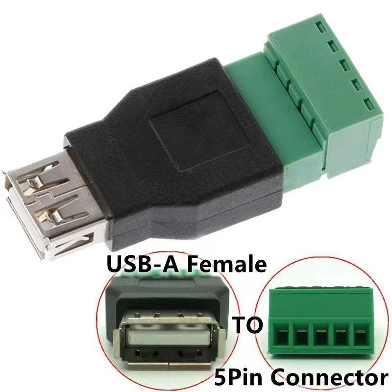 USB A ženski priključak na zeleni terminal, bez lemljenja, USB adapter za 5‑pinski terminal