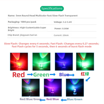 5 mm priesvitné RGB LED korálky s rýchlym a pomalým blikaním, priame zapojenie, červená, modrá, zelená