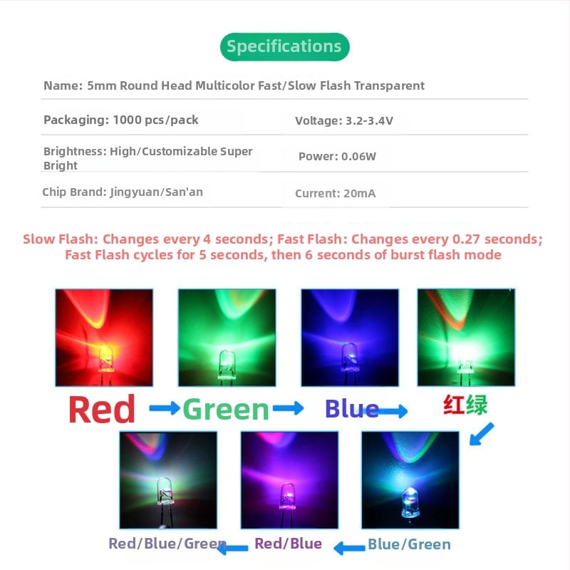 5 mm priesvitné RGB LED korálky s rýchlym a pomalým blikaním, priame zapojenie, červená, modrá, zelená