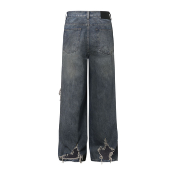 K2248 Unisex traperice s širokim krojem, plave isprane, poderane, vintage dizajn