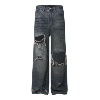K2248 Unisex traperice s širokim krojem, plave isprane, poderane, vintage dizajn