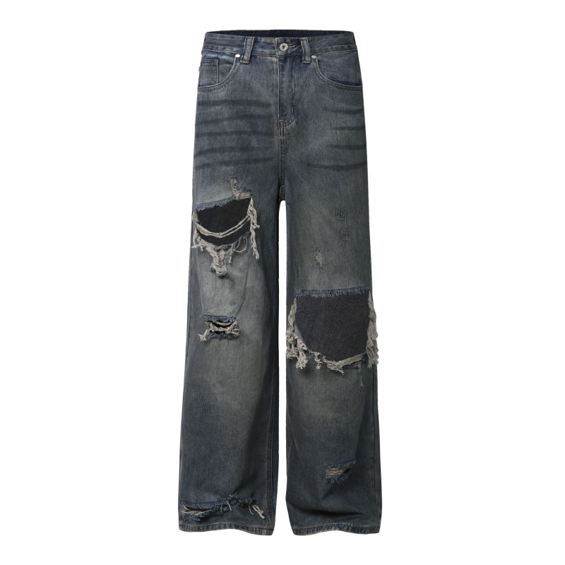 K2248 Unisex traperice s širokim krojem, plave isprane, poderane, vintage dizajn