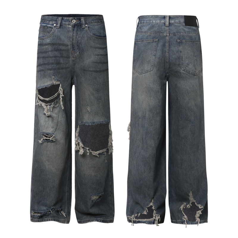 K2248 Unisex traperice s širokim krojem, plave isprane, poderane, vintage dizajn