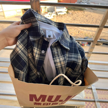 Cămașă bleumarin cu carouri, mânecă lungă, stil japonez retro lejer, croială largă