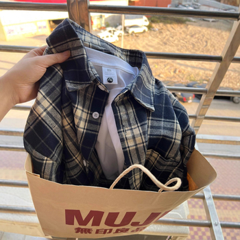 Cămașă bleumarin cu carouri, mânecă lungă, stil japonez retro lejer, croială largă