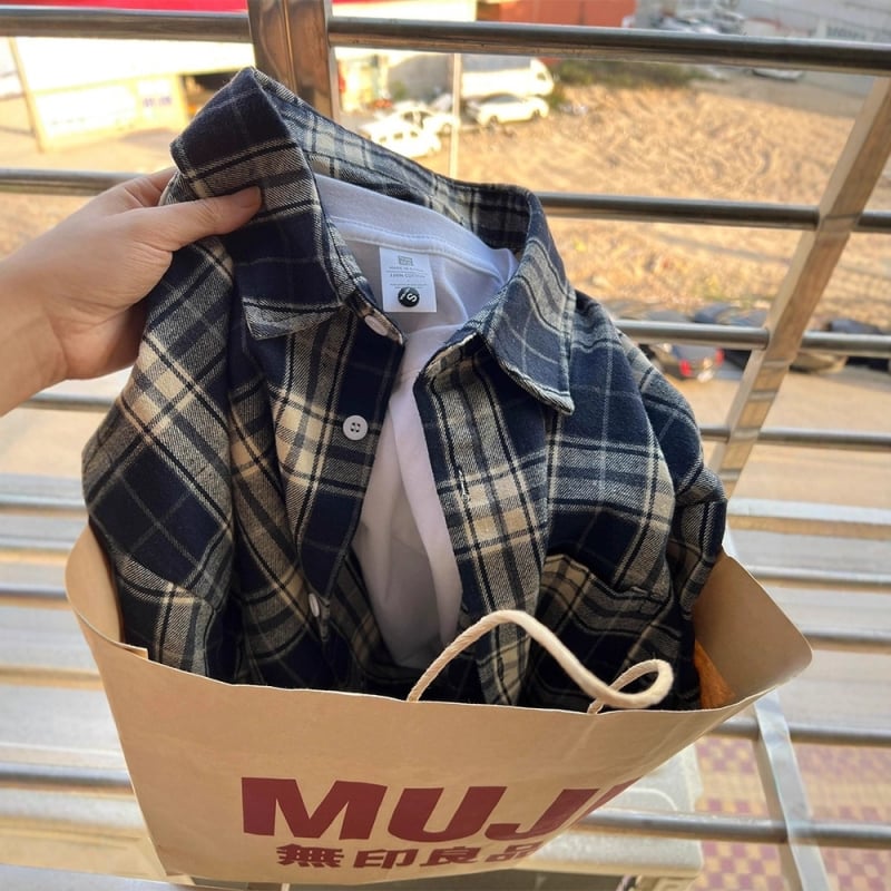 Cămașă bleumarin cu carouri, mânecă lungă, stil japonez retro lejer, croială largă