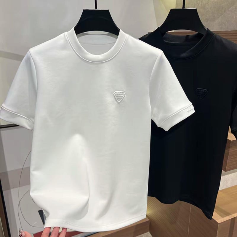 Tricou bărbătesc din bumbac cu textură de nor, guler rotund, mâneci scurte, stil basic