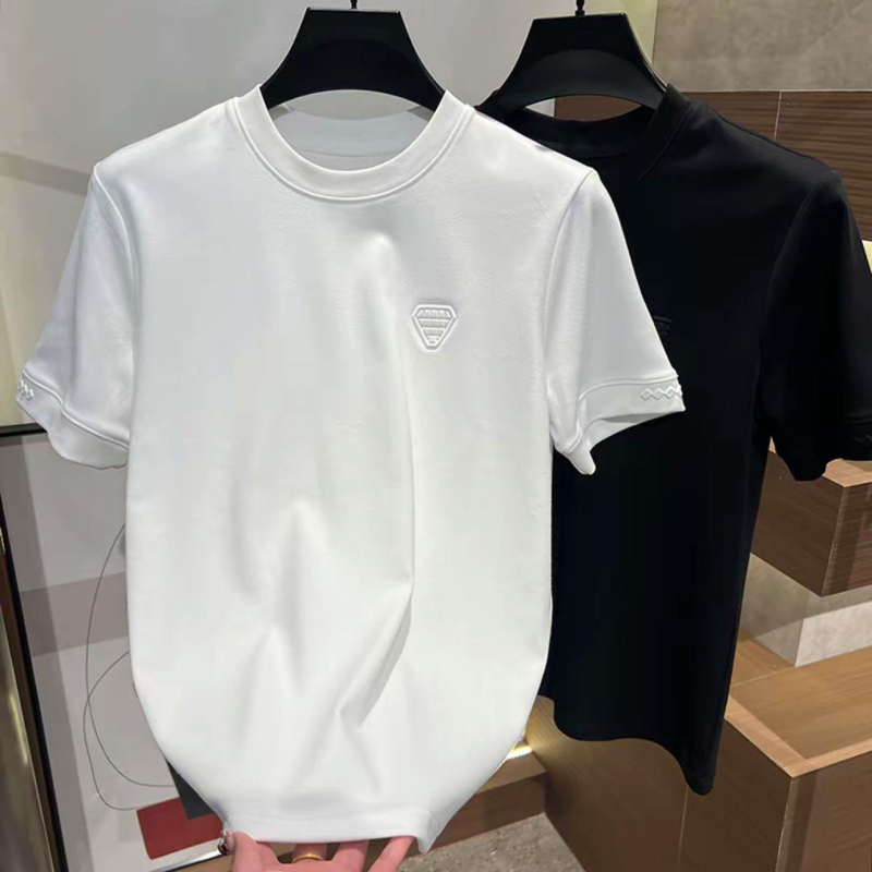 Tricou bărbătesc din bumbac cu textură de nor, guler rotund, mâneci scurte, stil basic