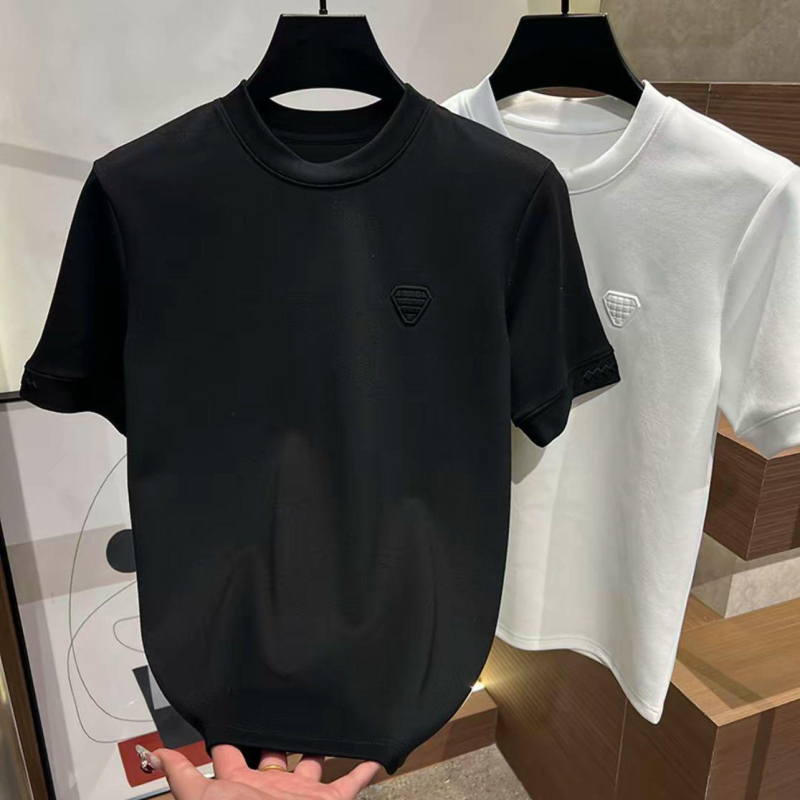 Tricou bărbătesc din bumbac cu textură de nor, guler rotund, mâneci scurte, stil basic