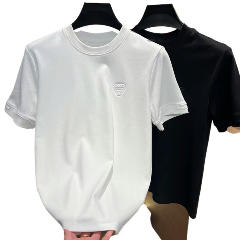 Tricou bărbătesc din bumbac cu textură de nor, guler rotund, mâneci scurte, stil basic