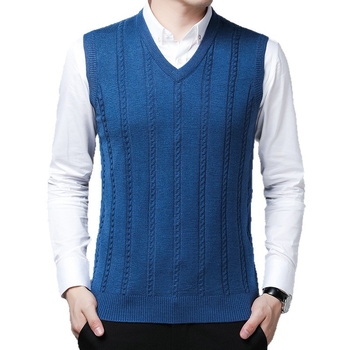 Férfi őszi V-nyakú kötött mellény, casual, ujjatlan, egyszínű jacquard mintázat