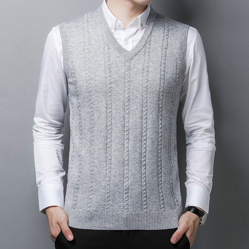 Férfi őszi V-nyakú kötött mellény, casual, ujjatlan, egyszínű jacquard mintázat