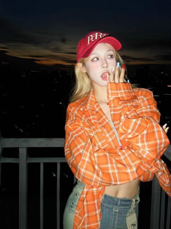 Amerikai retro narancssárga kockás hosszú ujjú ing-kardigán, laza casual napvédő felső