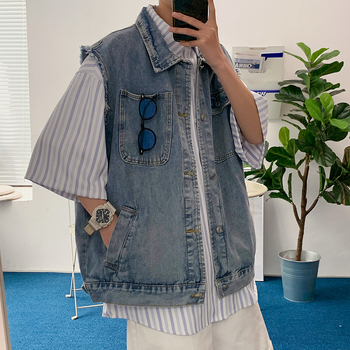 Férfi denim mellény laza szabású, ujjak nélküli, mosott vintage hatású, tavasz–ősz viselethez