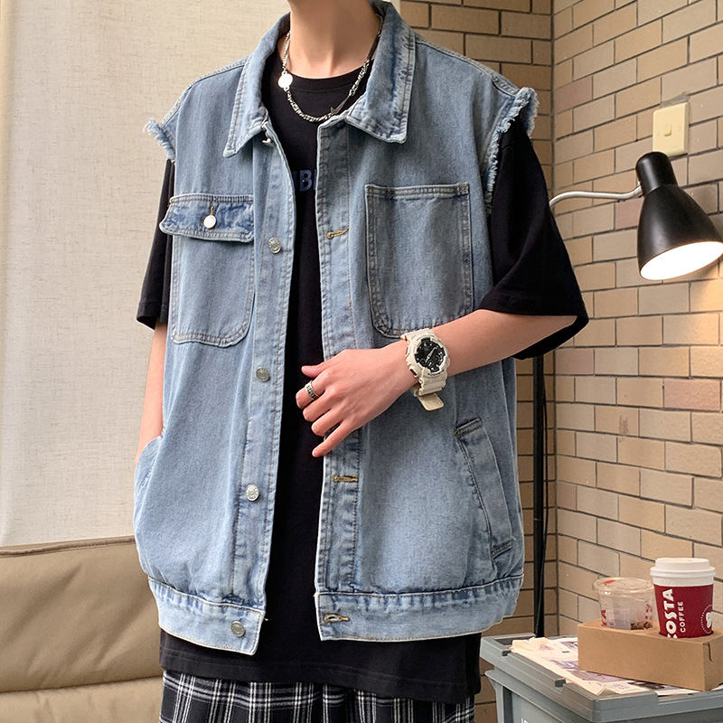 Férfi denim mellény laza szabású, ujjak nélküli, mosott vintage hatású, tavasz–ősz viselethez