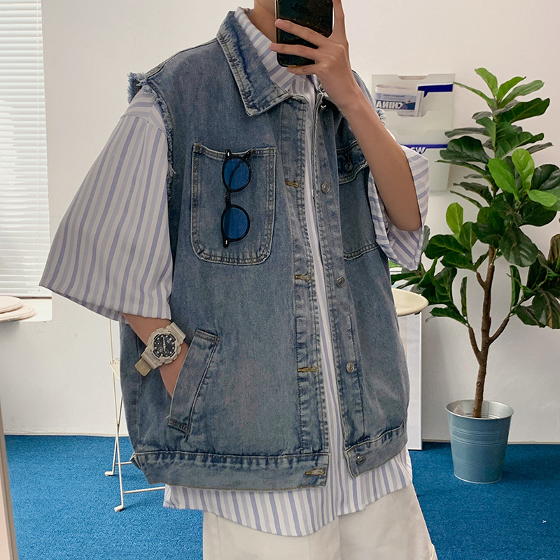 Férfi denim mellény laza szabású, ujjak nélküli, mosott vintage hatású, tavasz–ősz viselethez