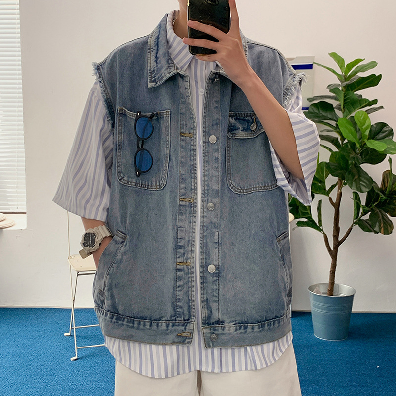 Férfi denim mellény laza szabású, ujjak nélküli, mosott vintage hatású, tavasz–ősz viselethez