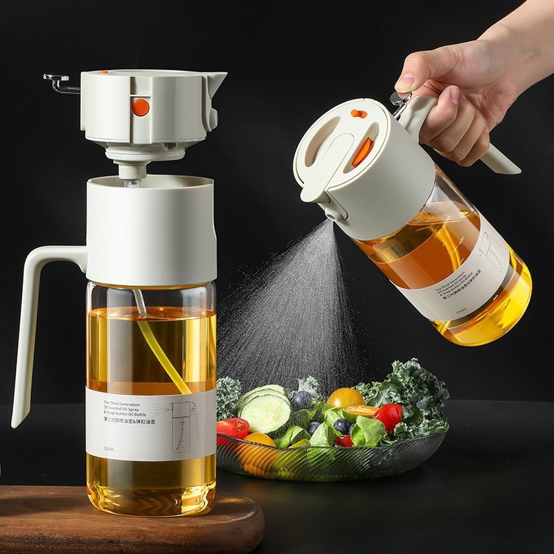 Sklenená fľaša na olej s atomizujúcim postrekom, dvojúčelové použitie pre vzduchovú fritézu a kuchyňu, s integrovanou kefou na olej, automatické otvorenie zatvorenie, domáce použitie