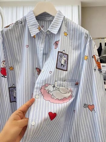 Női hosszú ujjú ing Cartoon nyomással, koreai stílus, laza szabás, csíkos, napvédő felső tavaszra és utazásokhoz