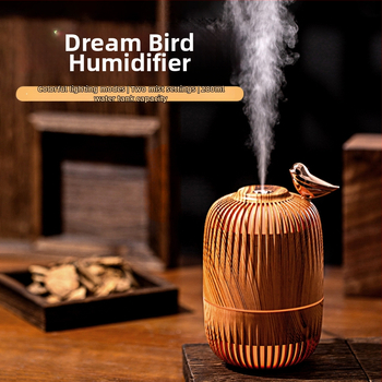 Dream Bird USB zvlhčovač do kancelárie a domova, kompaktný dizajn s dreveným vzhľadom, jedna výstupná tryska, atmosférske osvetlenie, dvojfunkčný