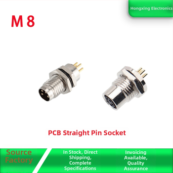 M8 letecký konektor – samec aj samica, 4 piny, predná montáž na PCB, pozlátené rovné kontakty, zalepené lepidlom, vodeodolný, 8 mm