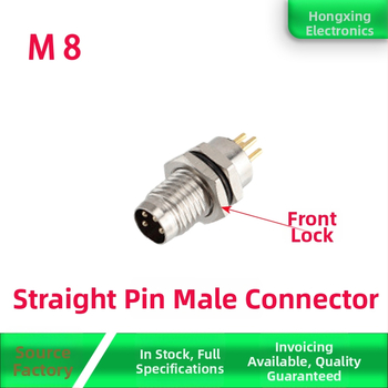 M8 letecký konektor – samec aj samica, 4 piny, predná montáž na PCB, pozlátené rovné kontakty, zalepené lepidlom, vodeodolný, 8 mm