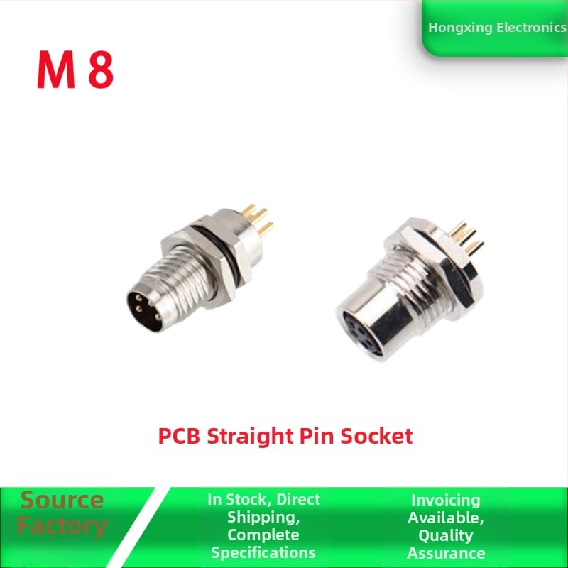 M8 letecký konektor – samec aj samica, 4 piny, predná montáž na PCB, pozlátené rovné kontakty, zalepené lepidlom, vodeodolný, 8 mm