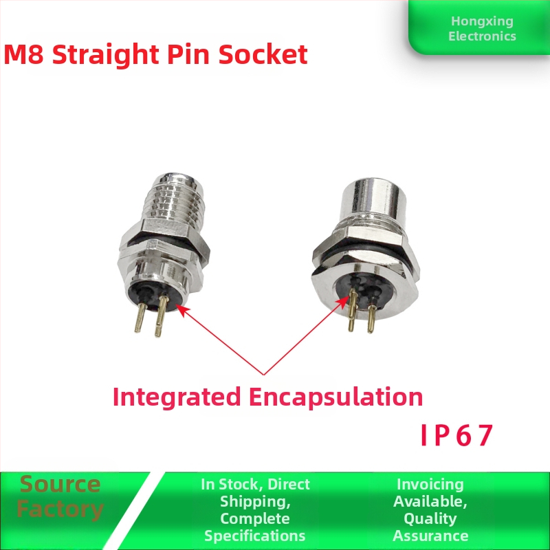 M8 letecký konektor – samec aj samica, 4 piny, predná montáž na PCB, pozlátené rovné kontakty, zalepené lepidlom, vodeodolný, 8 mm