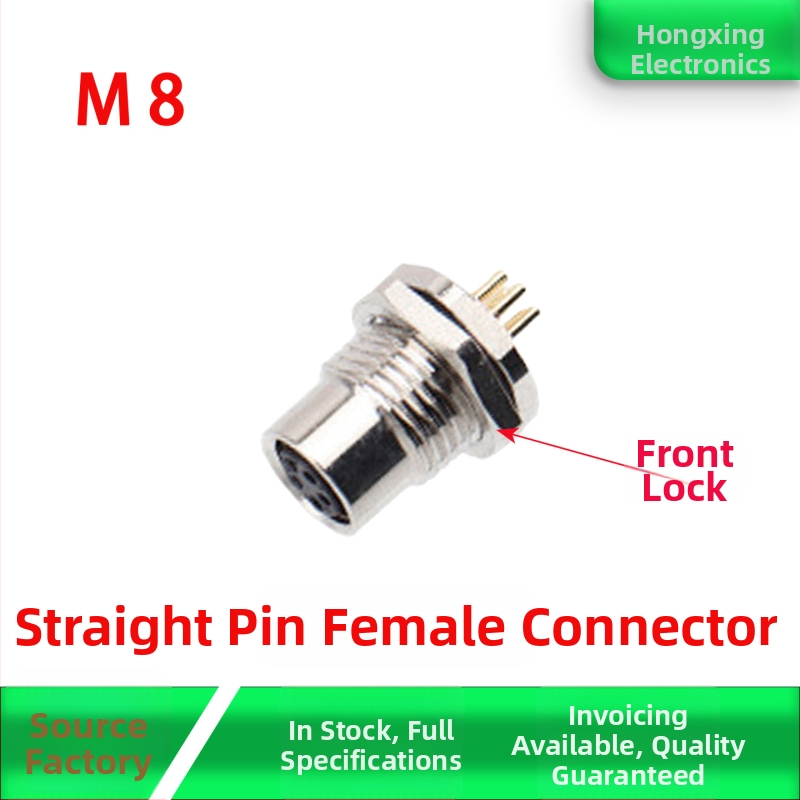 M8 letecký konektor – samec aj samica, 4 piny, predná montáž na PCB, pozlátené rovné kontakty, zalepené lepidlom, vodeodolný, 8 mm