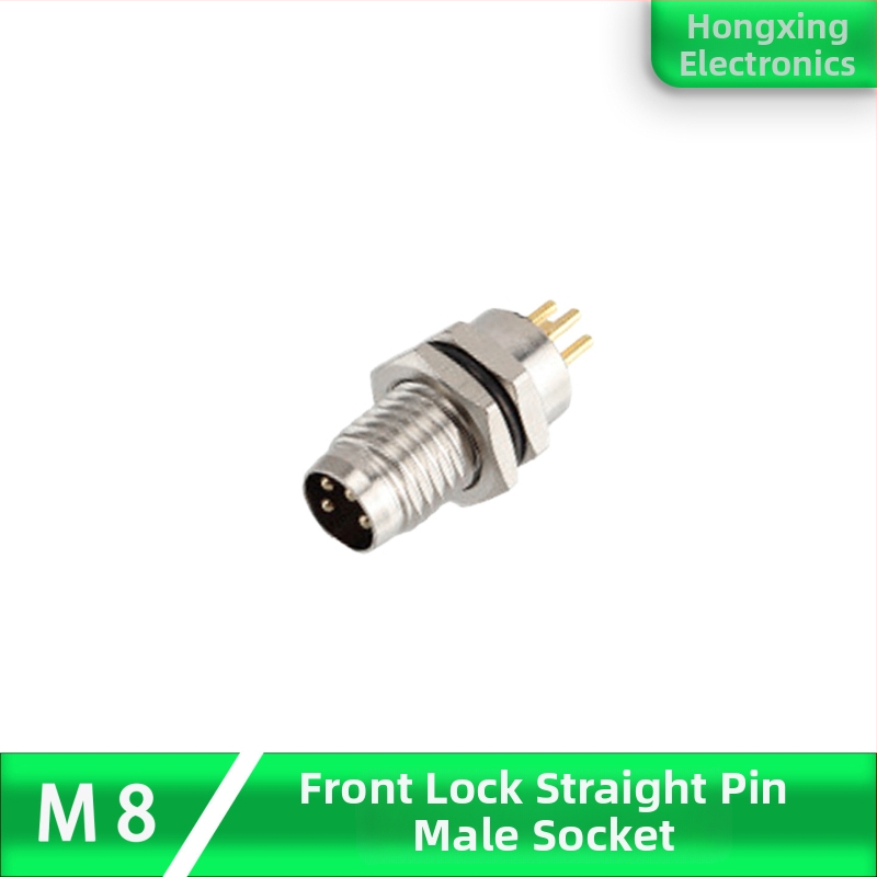 M8 letecký konektor – samec aj samica, 4 piny, predná montáž na PCB, pozlátené rovné kontakty, zalepené lepidlom, vodeodolný, 8 mm