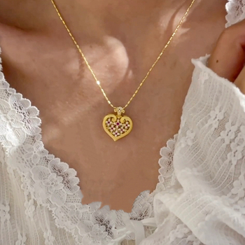 24K pozlaćeni lanac za ključnicu sa šupljim srcem i dijamantima, novi kineski retro stil, svestran