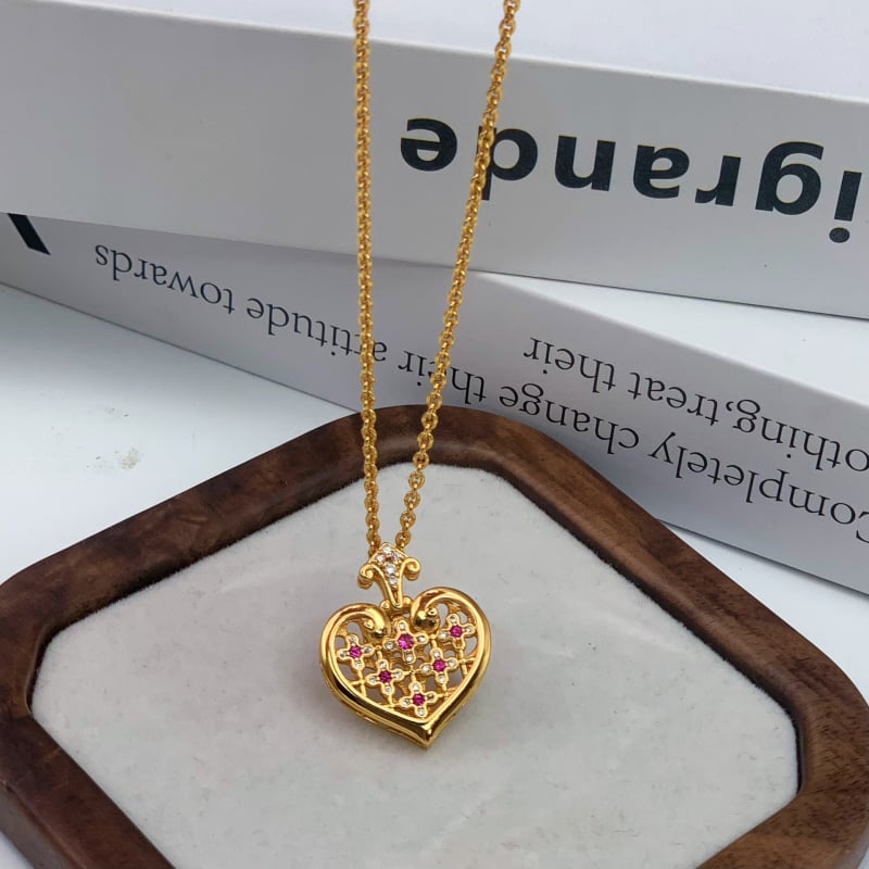 24K pozlaćeni lanac za ključnicu sa šupljim srcem i dijamantima, novi kineski retro stil, svestran